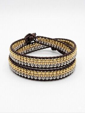 Katie Soleil Beaded Wrap Bracelet Gold Silver Mixed Metal Metallic Leather Boho